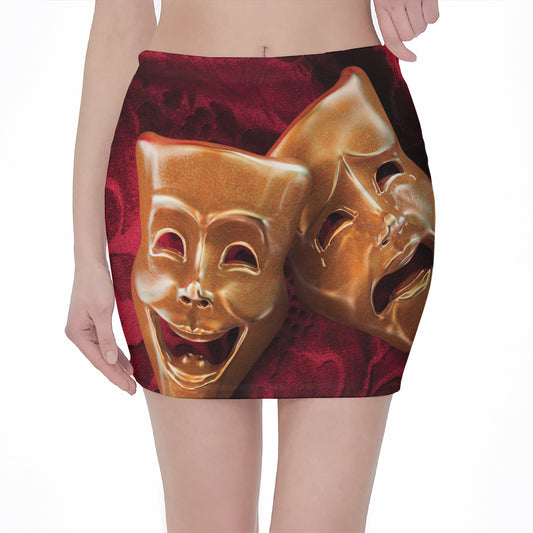 Comedy And Tragedy Theater Masks Print Pencil Mini Skirt