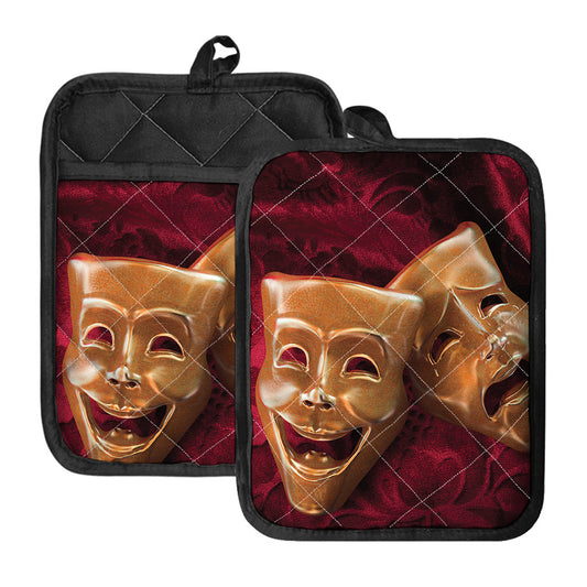 Comedy And Tragedy Theater Masks Print Pot Holders With Pocket