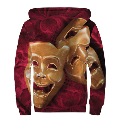 Comedy And Tragedy Theater Masks Print Sherpa Lined Zip Up Hoodie