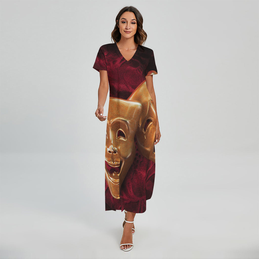 Comedy And Tragedy Theater Masks Print Short Sleeve Maxi Dress