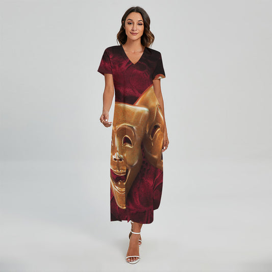 Comedy And Tragedy Theater Masks Print Short Sleeve Maxi Dress