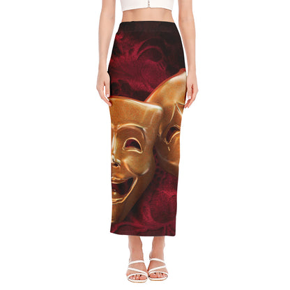 Comedy And Tragedy Theater Masks Print Side Slit Maxi Skirt