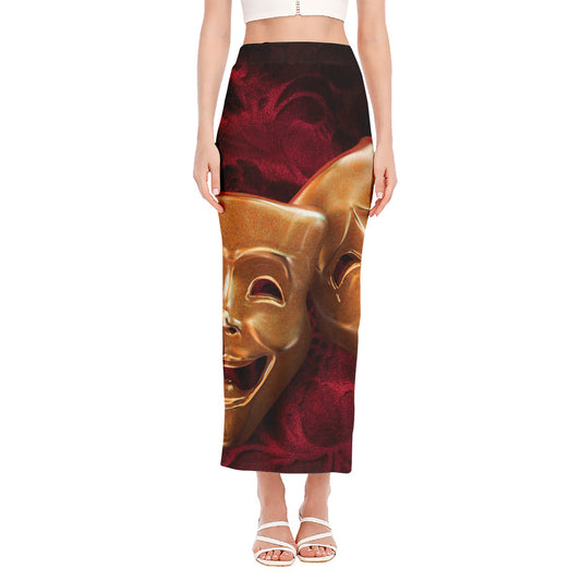Comedy And Tragedy Theater Masks Print Side Slit Maxi Skirt