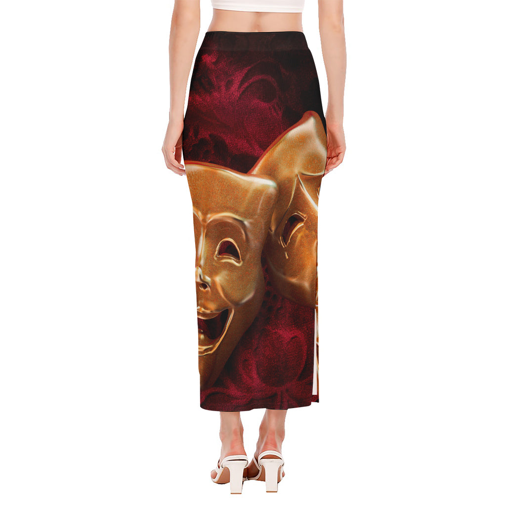 Comedy And Tragedy Theater Masks Print Side Slit Maxi Skirt