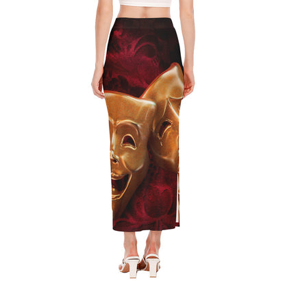Comedy And Tragedy Theater Masks Print Side Slit Maxi Skirt