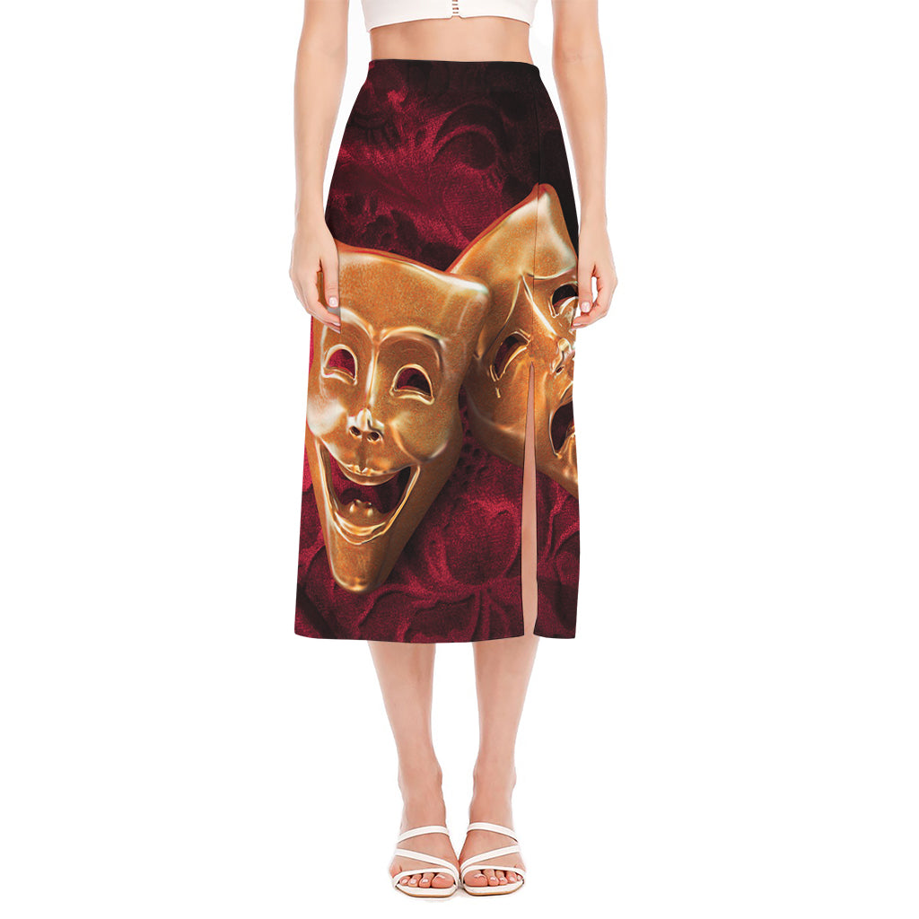 Comedy And Tragedy Theater Masks Print Side Slit Midi Skirt