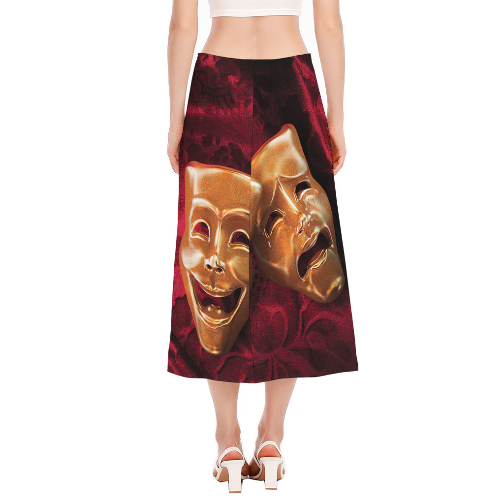 Comedy And Tragedy Theater Masks Print Side Slit Midi Skirt