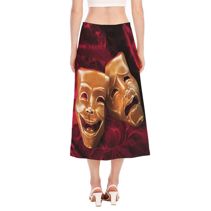 Comedy And Tragedy Theater Masks Print Side Slit Midi Skirt