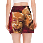 Comedy And Tragedy Theater Masks Print Side Slit Mini Skirt