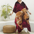 Comedy And Tragedy Theater Masks Print Silk V-Neck Kaftan Dress