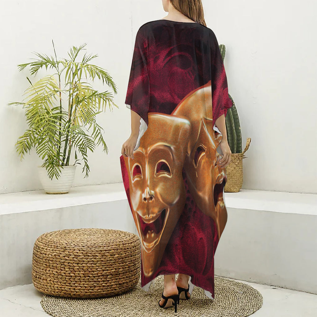 Comedy And Tragedy Theater Masks Print Silk V-Neck Kaftan Dress