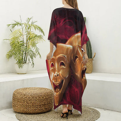 Comedy And Tragedy Theater Masks Print Silk V-Neck Kaftan Dress