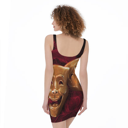 Comedy And Tragedy Theater Masks Print Sleeveless Bodycon Dress