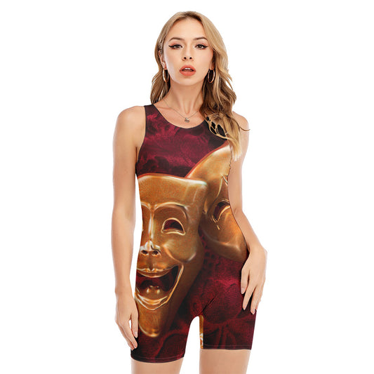 Comedy And Tragedy Theater Masks Print Sleeveless One Piece Swimsuit