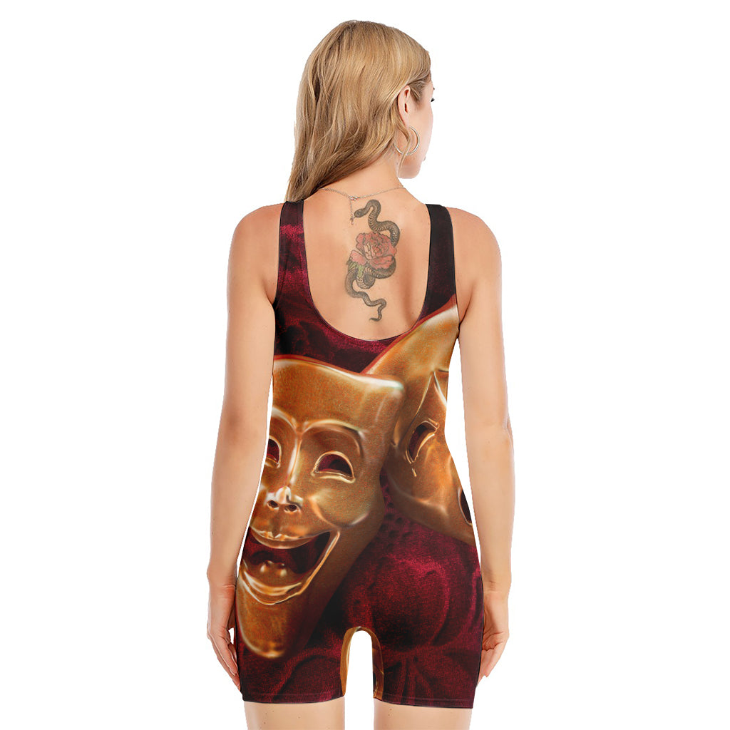 Comedy And Tragedy Theater Masks Print Sleeveless One Piece Swimsuit