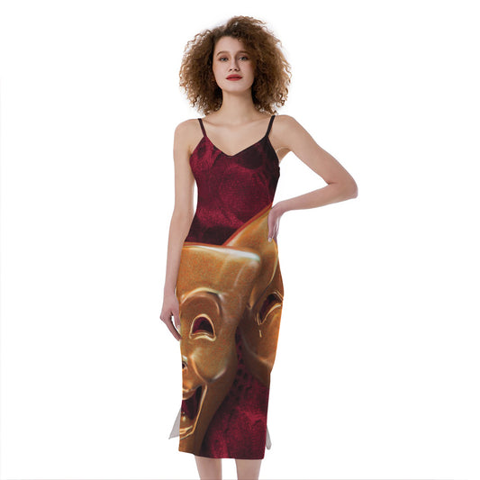 Comedy And Tragedy Theater Masks Print Slim Fit Midi Cami Dress