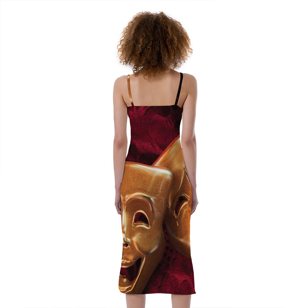 Comedy And Tragedy Theater Masks Print Slim Fit Midi Cami Dress