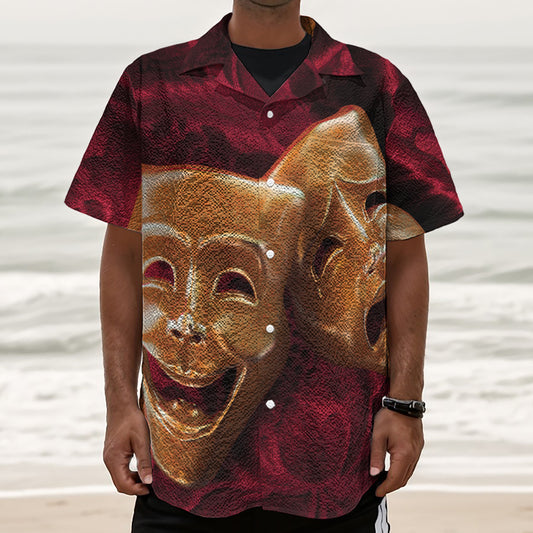 Comedy And Tragedy Theater Masks Print Textured Short Sleeve Shirt