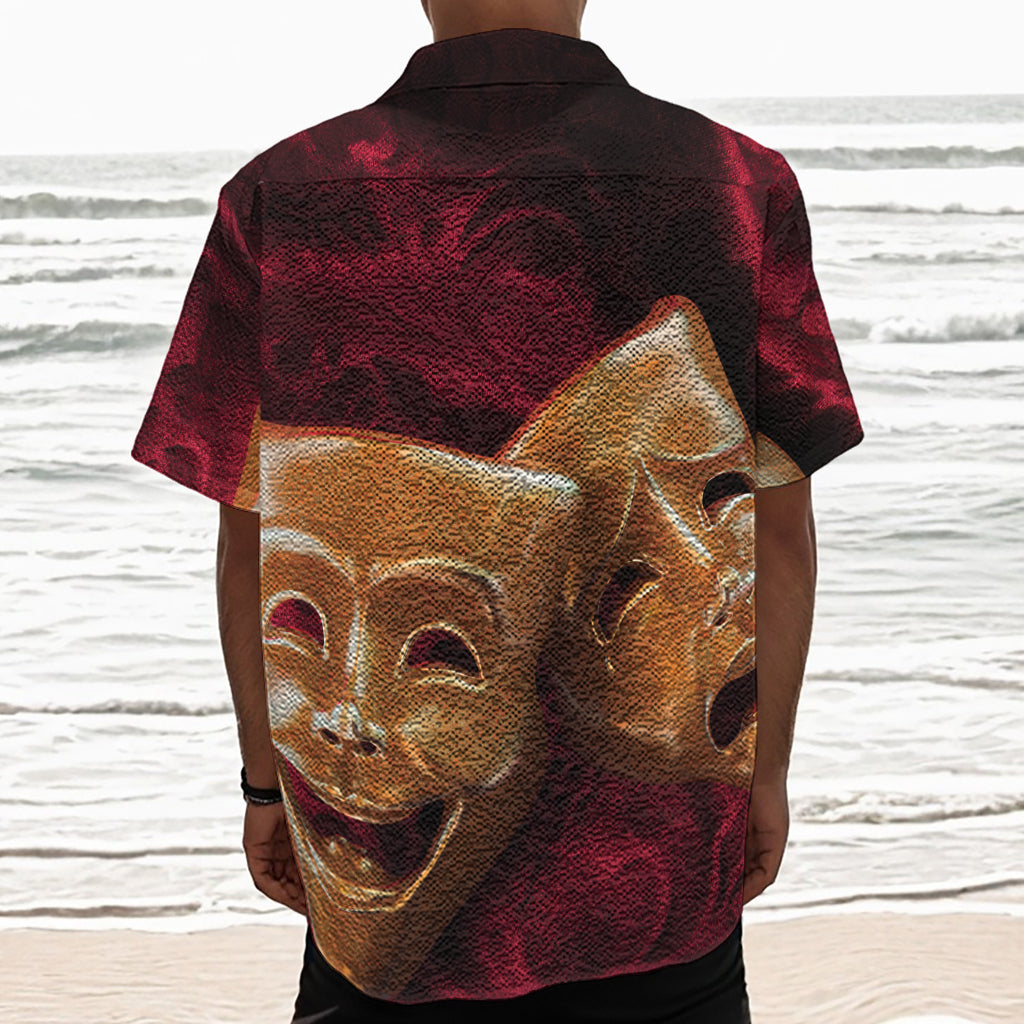 Comedy And Tragedy Theater Masks Print Textured Short Sleeve Shirt