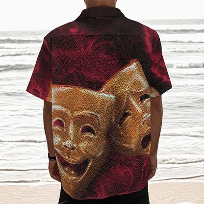 Comedy And Tragedy Theater Masks Print Textured Short Sleeve Shirt