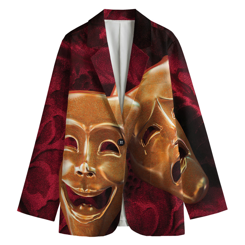 Comedy And Tragedy Theater Masks Print Women's Cotton Blazer