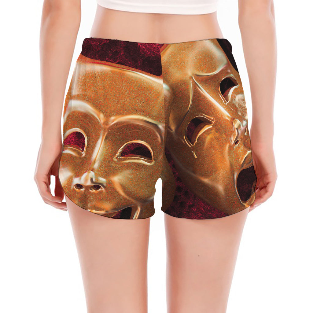 Comedy And Tragedy Theater Masks Print Women's Split Running Shorts