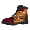 Comedy And Tragedy Theater Masks Print Padded Collar Lace Up Boots
