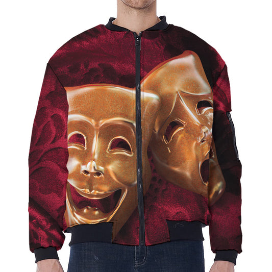 Comedy And Tragedy Theater Masks Print Zip Sleeve Bomber Jacket
