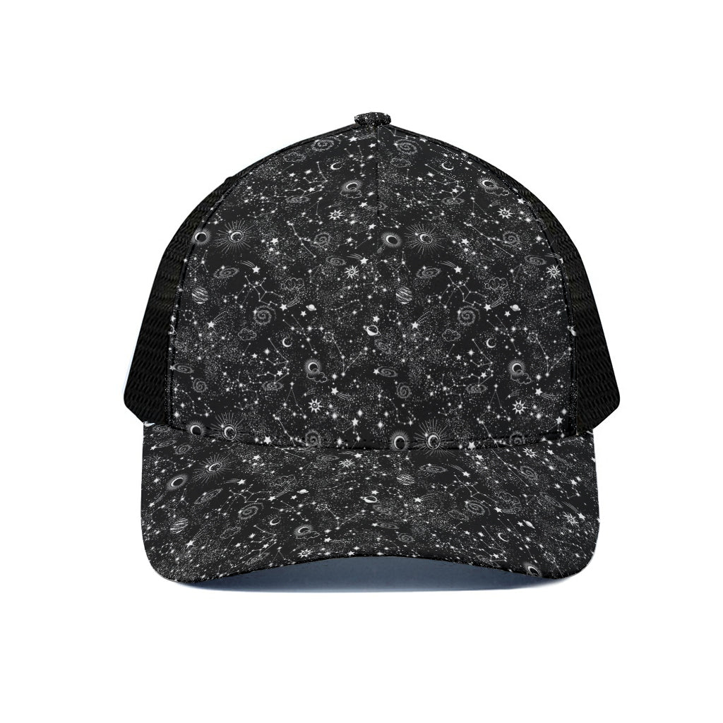 Constellation Galaxy Pattern Print Black Mesh Trucker Cap