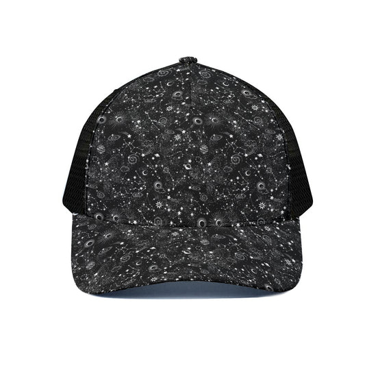 Constellation Galaxy Pattern Print Black Mesh Trucker Cap