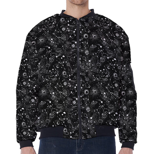 Constellation Galaxy Pattern Print Zip Sleeve Bomber Jacket