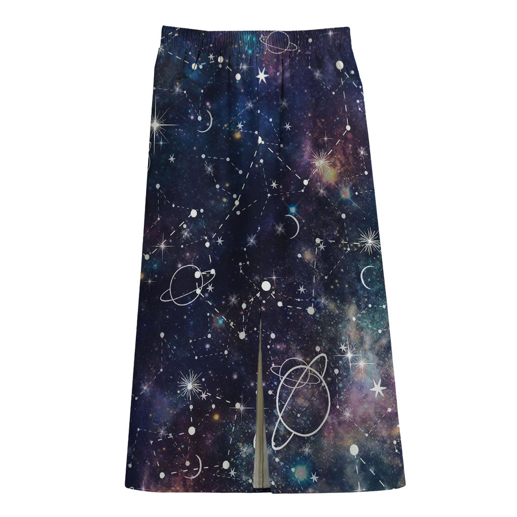 Constellation Galaxy Space Print Cotton Front Slit Maxi Skirt