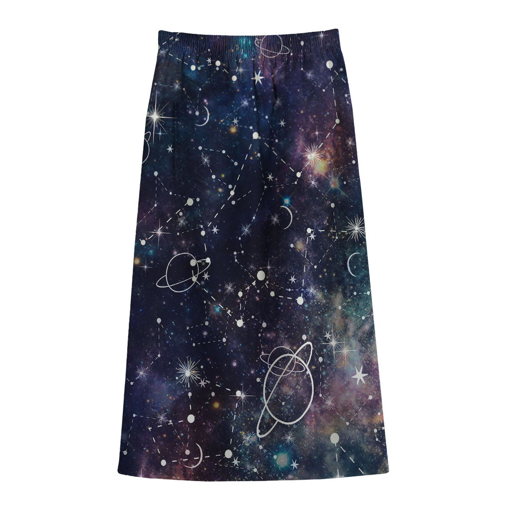 Constellation Galaxy Space Print Cotton Front Slit Maxi Skirt