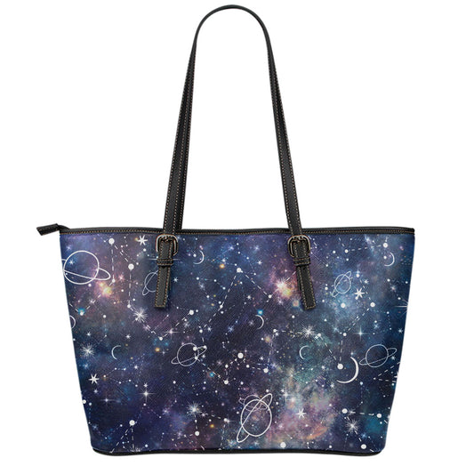 Constellation Galaxy Space Print Leather Tote Bag