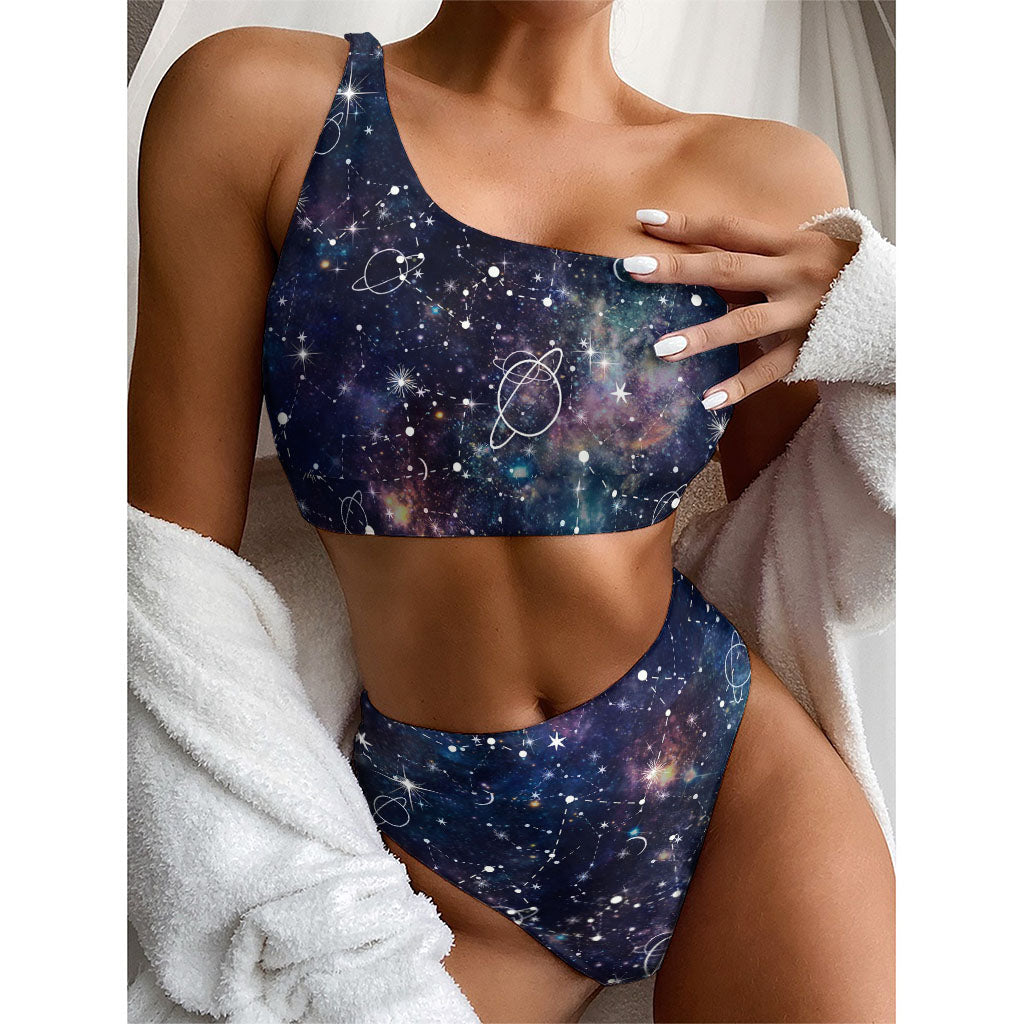 Constellation Galaxy Space Print One Shoulder Bikini Top