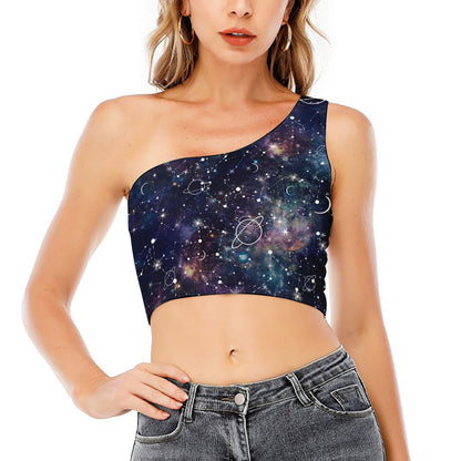 Constellation Galaxy Space Print One Shoulder Crop Top