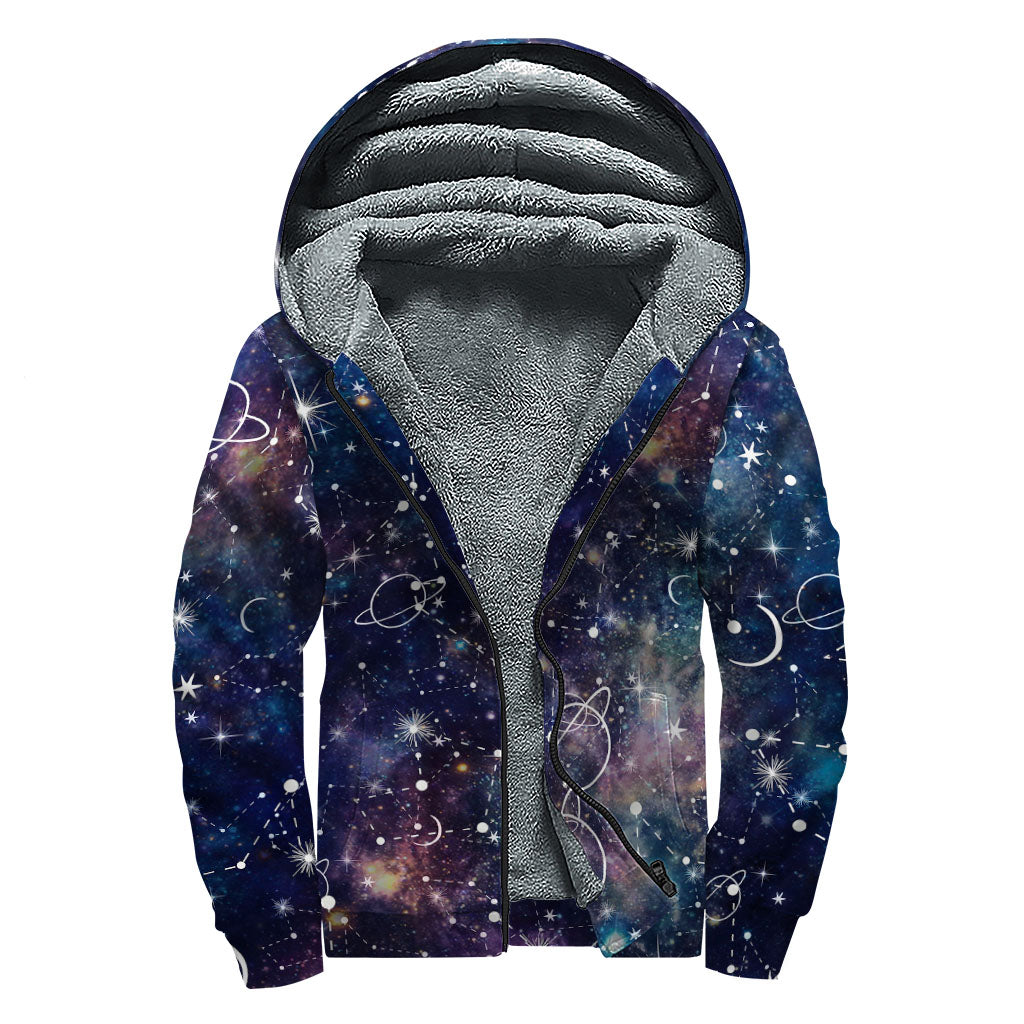 Constellation Galaxy Space Print Sherpa Lined Zip Up Hoodie