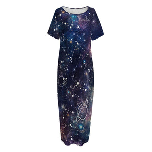 Constellation Galaxy Space Print Short Sleeve Long Nightdress