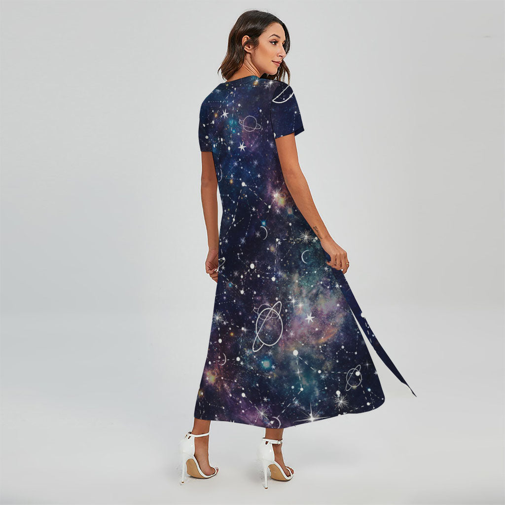 Constellation Galaxy Space Print Short Sleeve Maxi Dress