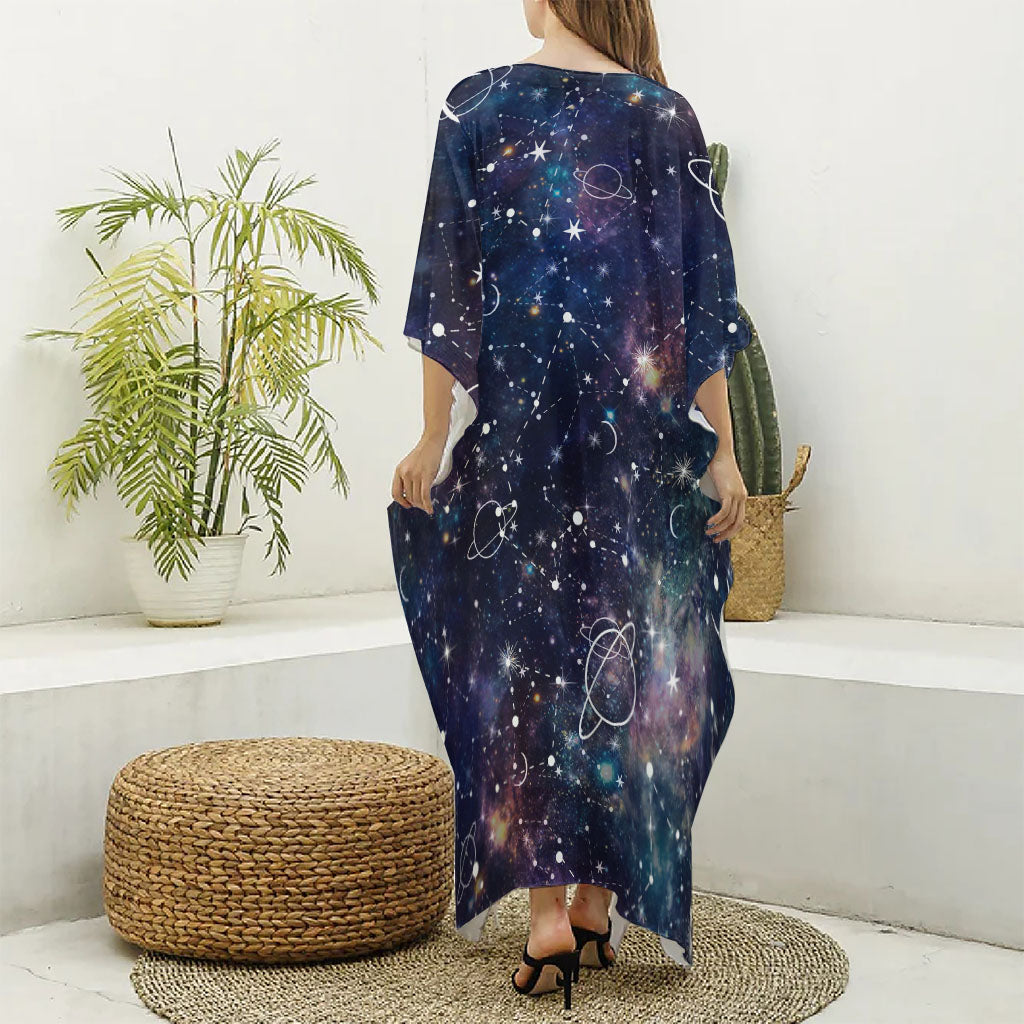 Constellation Galaxy Space Print Silk V-Neck Kaftan Dress