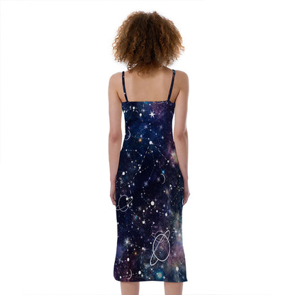 Constellation Galaxy Space Print Slim Fit Midi Cami Dress