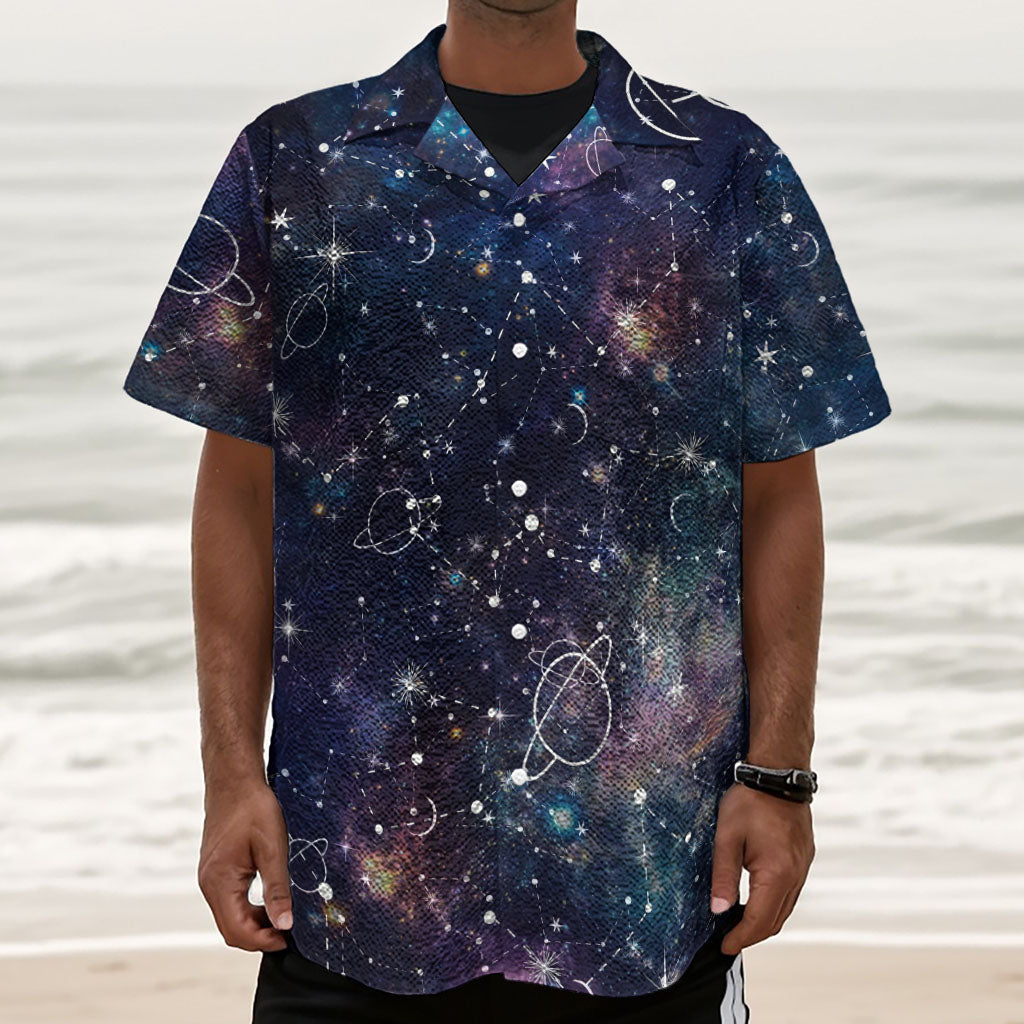 Constellation Galaxy Space Print Textured Short Sleeve Shirt