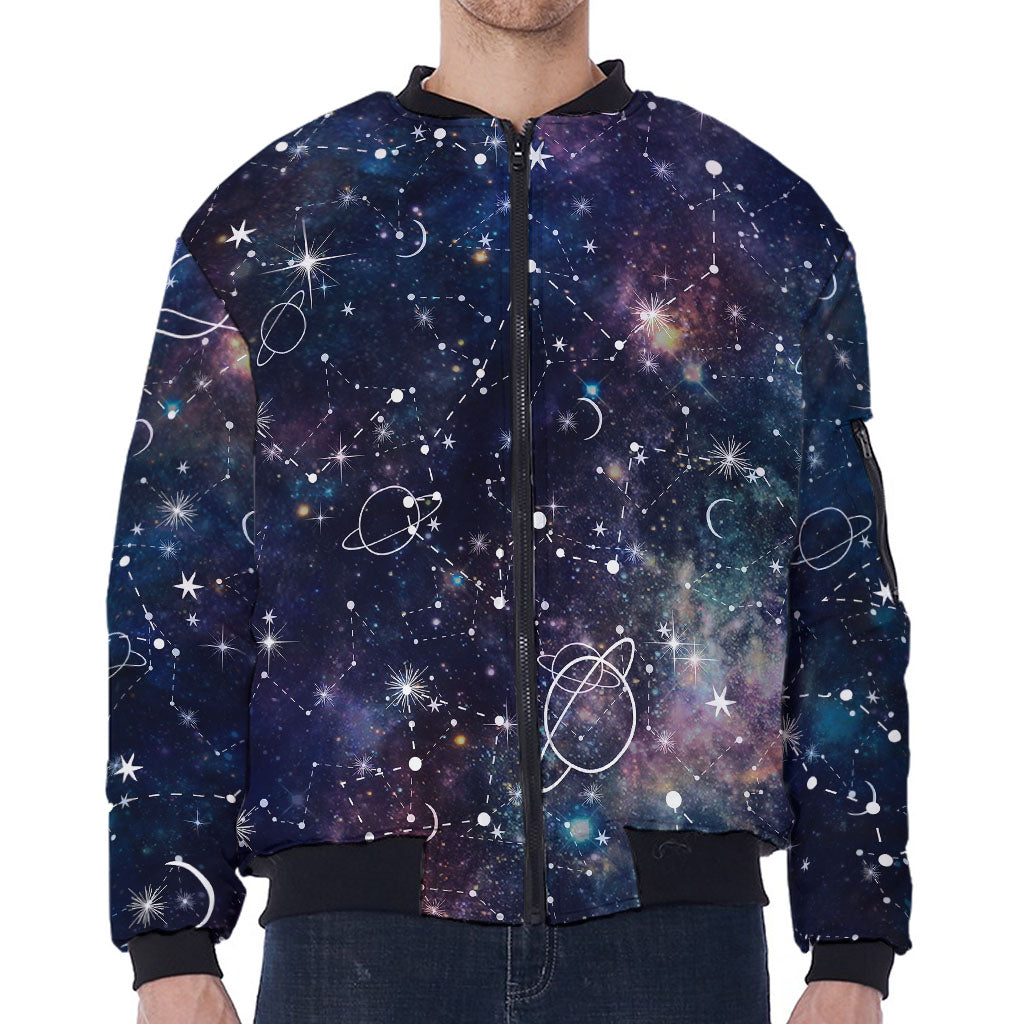 Constellation Galaxy Space Print Zip Sleeve Bomber Jacket