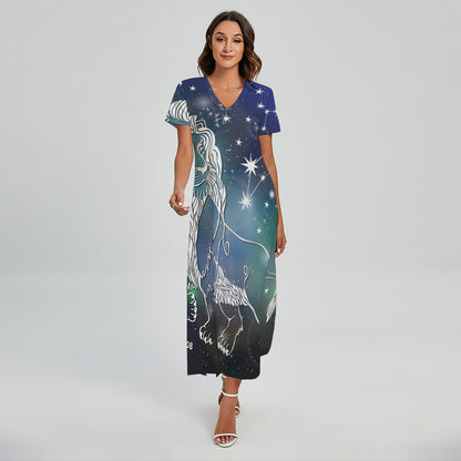 Constellation Of Leo Print Short Sleeve Maxi Dress