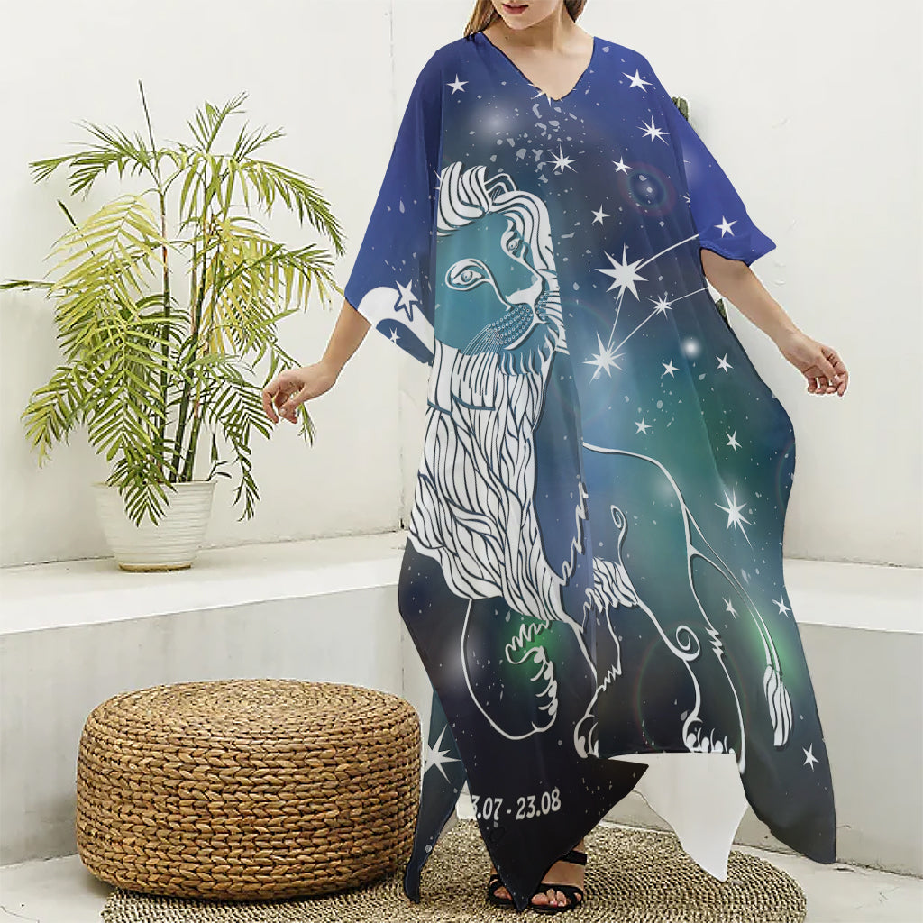 Constellation Of Leo Print Silk V-Neck Kaftan Dress