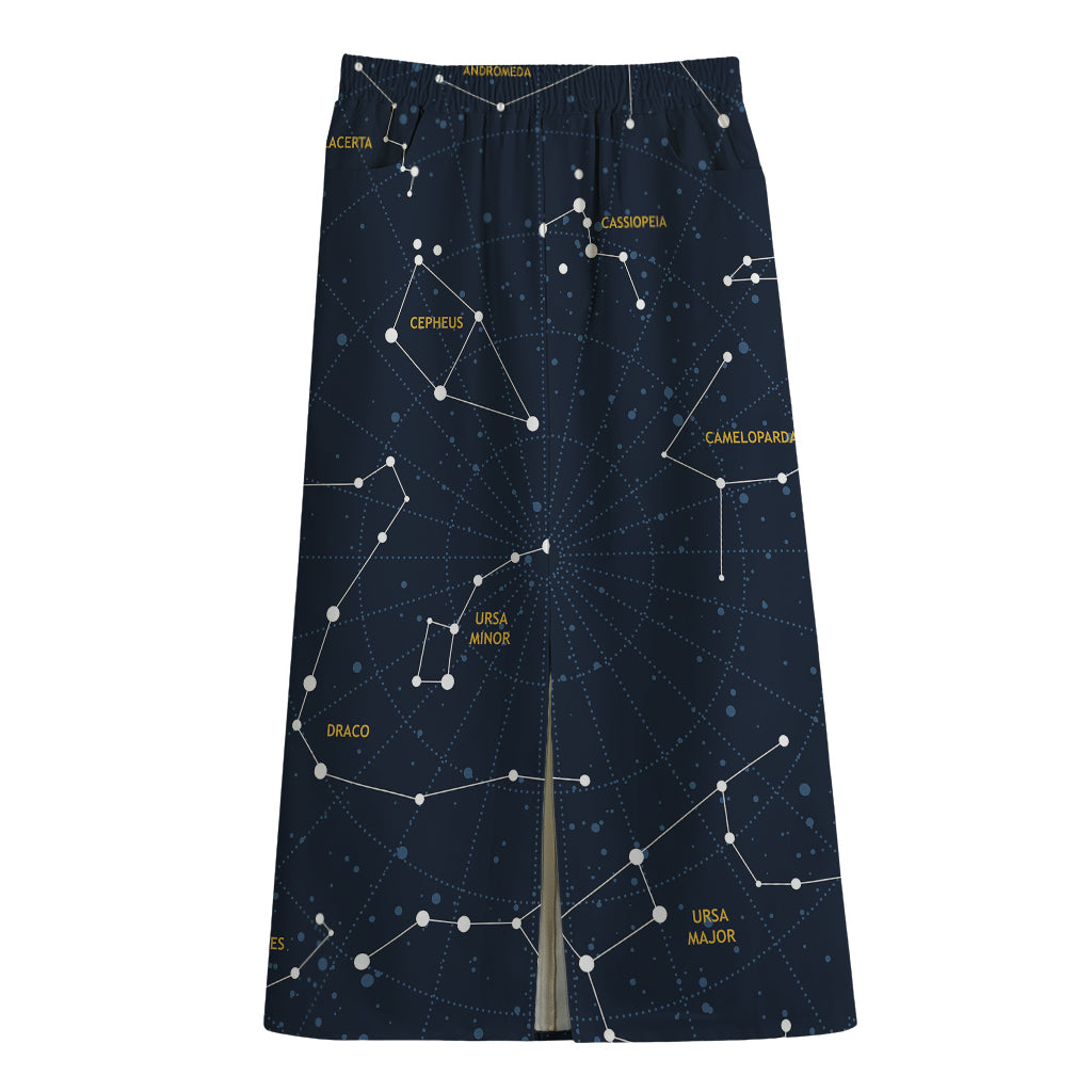 Constellation Sky Map Print Cotton Front Slit Maxi Skirt