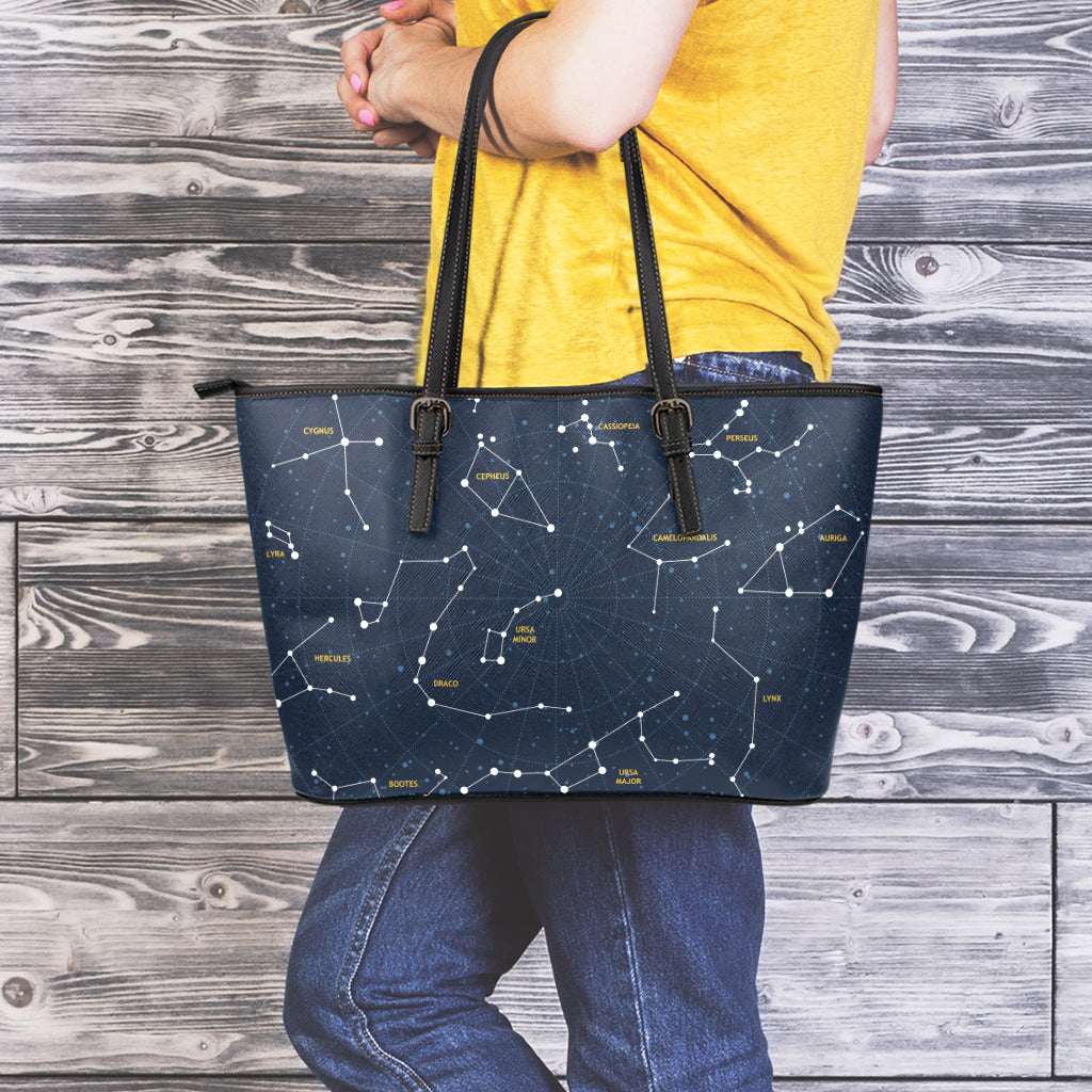 Constellation Sky Map Print Leather Tote Bag