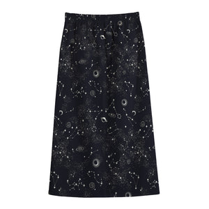 Constellation Space Pattern Print Cotton Front Slit Maxi Skirt