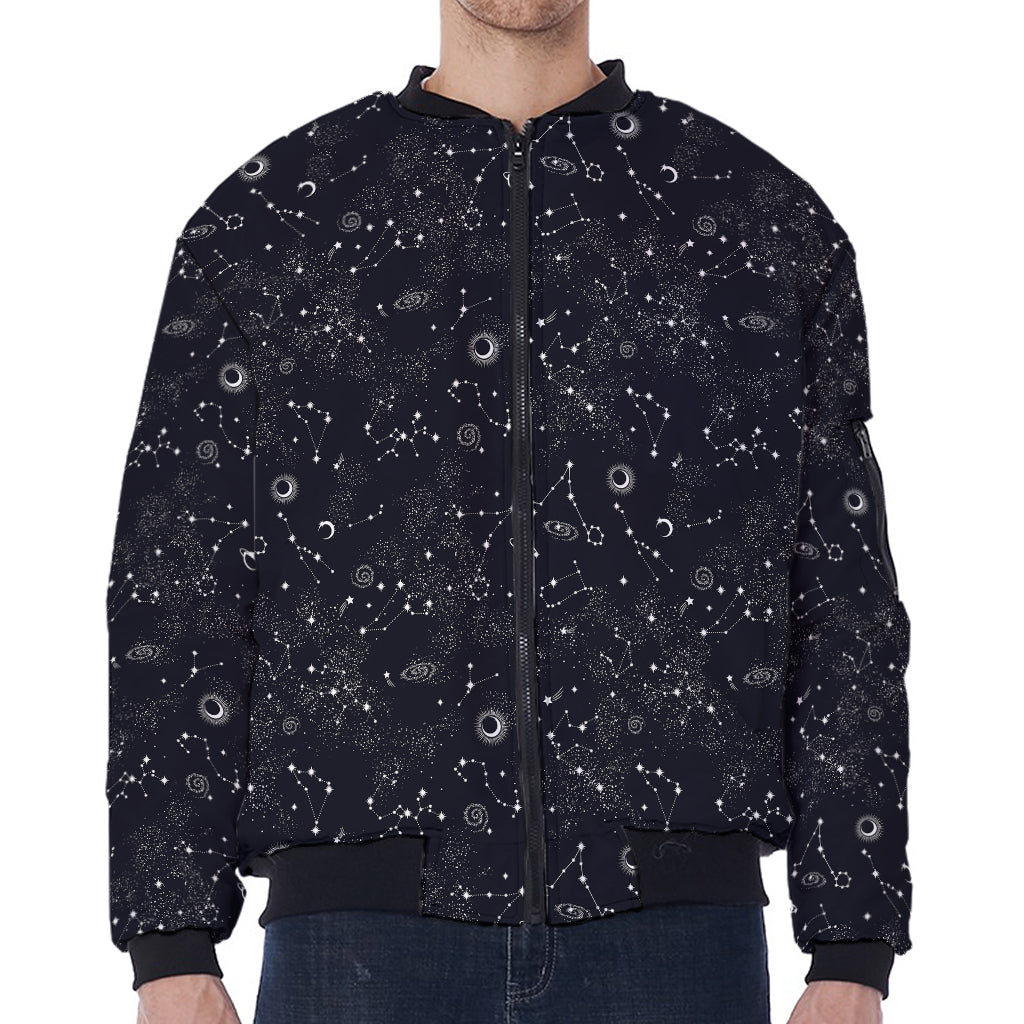 Constellation Space Pattern Print Zip Sleeve Bomber Jacket