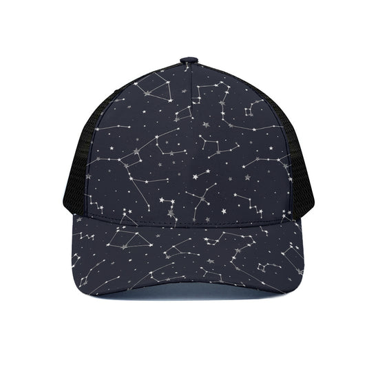 Constellation Stars Pattern Print Black Mesh Trucker Cap